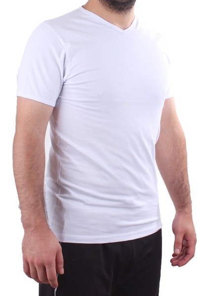 2302 Beyaz Günlük Pamuklu Basıc V Yaka Erkek Tişört