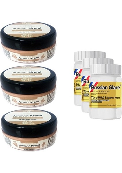 Whitening Cream 50 ml Arnavut Kremi Aklık Kremi 3 Adet + Russıan Glare Tüy Dökücü Azaltıcı Merhem 50 ml 3 Adet
