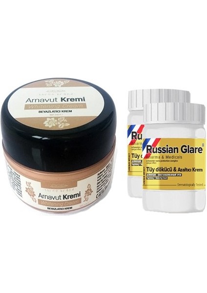 Whitening Cream 50 ml Arnavut Kremi Aklık Kremi 1 Adet + Russıan Glare Tüy Dökücü Azaltıcı Merhem 50ML 2 Adet