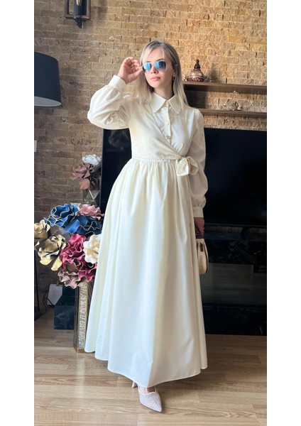 Gold Düğme Detaylı Yandan Bağlamalı Poplin Elbise Tesettür Uyumlu Bağlamalı Elbise fiyatları