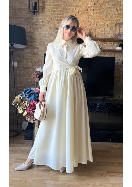 Gold Düğme Detaylı Yandan Bağlamalı Poplin Elbise Tesettür Uyumlu Bağlamalı Elbise modelleri