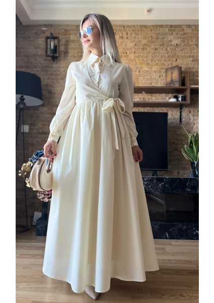 Gold Düğme Detaylı Yandan Bağlamalı Poplin Elbise Tesettür Uyumlu Bağlamalı Elbise indirimleri