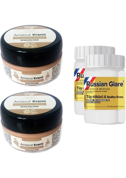 Whitening Cream 50 ml Arnavut Kremi Aklık Kremi 2 Adet + Russıan Glare Tüy Dökücü Azaltıcı Merhem 50ML 2 Adet