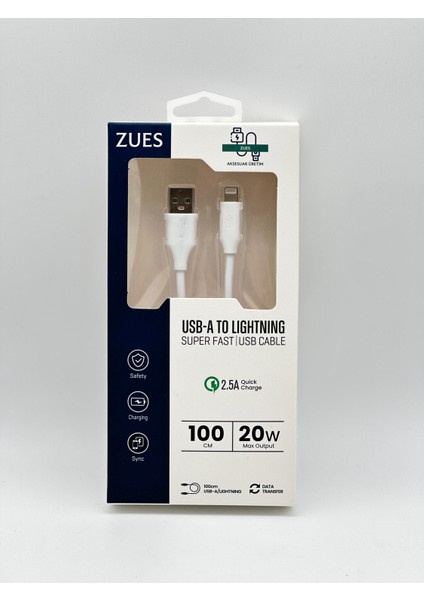 Zues 100 cm Usb-A To Lightning Şarj ve Data Kablosu - 20W Hızlı Şarj, iPhone Uyumlu