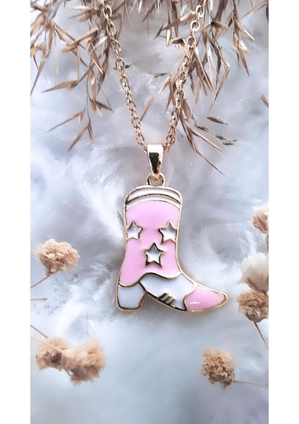 Pembe Mineli Çizme Figürlü Çelik Kolye