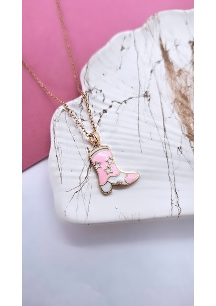 Pembe Mineli Çizme Figürlü Çelik Kolye indirimleri