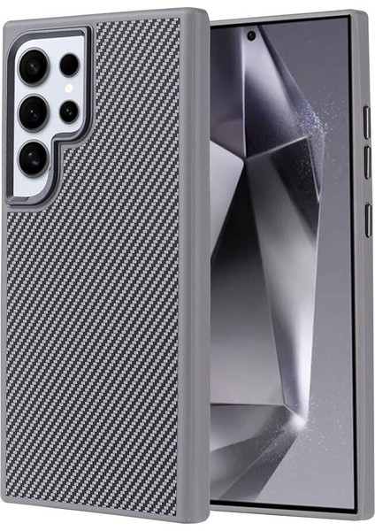 Galaxy S24 Ultra Kılıf Magsafe Şarj Özellikli Karbon Fiber Görünümlü Iktk Troy Kapak-Gümüş