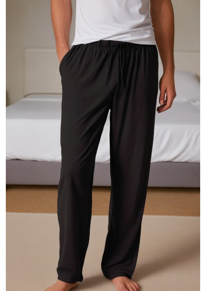 %100 Pamuk Premium Kumaş Siyah Pijama Altı Regular Fit Beli Lastikli Ipli Cepli Terletmez Esnek Erkek Rahat Kesim