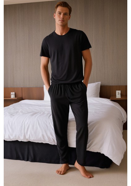 %100 Pamuk Premium Kumaş Siyah Pijama Altı Regular Fit Beli Lastikli Ipli Cepli Terletmez Esnek Erkek Rahat Kesim modelleri