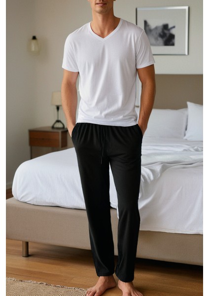 %100 Pamuk Premium Kumaş Siyah Pijama Altı Regular Fit Beli Lastikli Ipli Cepli Terletmez Esnek Erkek Rahat Kesim fırsatları