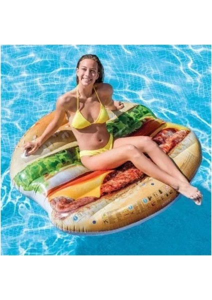 Hamburger Şekilli Dev Şişme Ada Yatak – 145X142 cm Renkli Havuz Keyfi Için Eğlenceli Tasarım