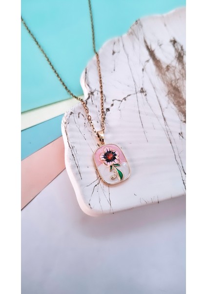 Bordo Pembe Çiçek Figürlü Mineli Çelik Kolye indirimleri
