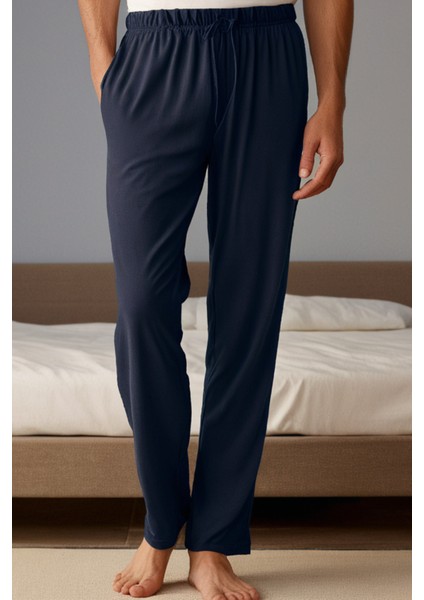 %100 Pamuk Süprem Erkek Pijama Altı Lacivert Cepli Rahat Kalıp Relax Fit Lastikli Ipli Terletmez
