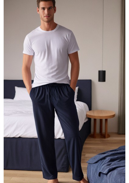 %100 Pamuk Süprem Erkek Pijama Altı Lacivert Cepli Rahat Kalıp Relax Fit Lastikli Ipli Terletmez modelleri