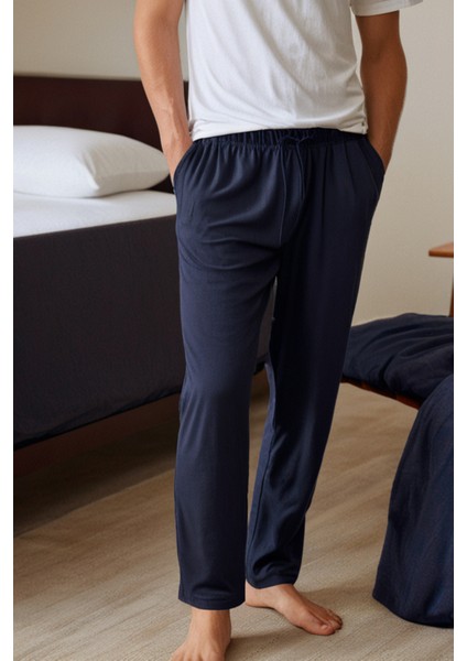 %100 Pamuk Süprem Erkek Pijama Altı Lacivert Cepli Rahat Kalıp Relax Fit Lastikli Ipli Terletmez fırsatları