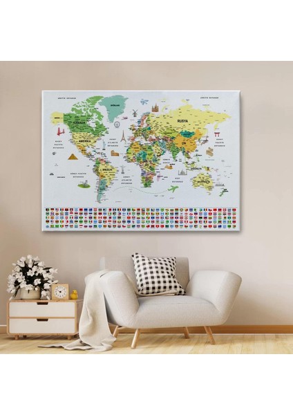 Türkçe Dünya Haritası Ayrıntılı Eğitici Sembollü Bayraklı Dekoratif Kanvas Tablo 2848 fiyatları