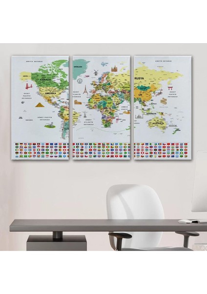 Türkçe Dünya Haritası Ayrıntılı Eğitici Sembollü Bayraklı Dekoratif Kanvas Tablo 2848 modelleri