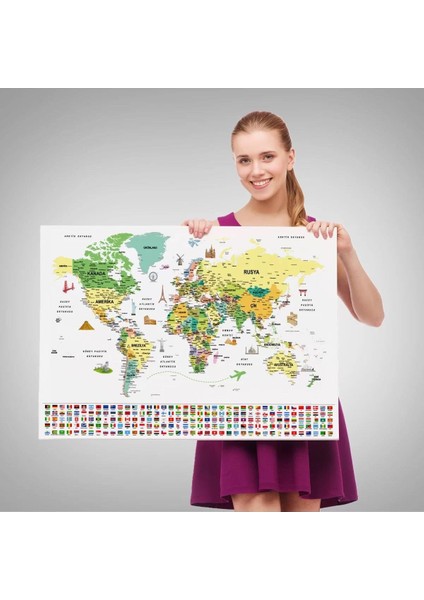 Türkçe Dünya Haritası Ayrıntılı Eğitici Sembollü Bayraklı Dekoratif Kanvas Tablo 2848 fırsatları