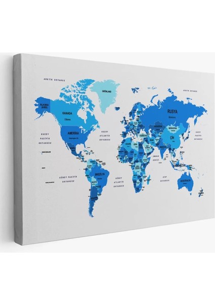 Türkçe Dünya Haritası Dekoratif Kanvas Tablo Ülke ve Başkentli 1500