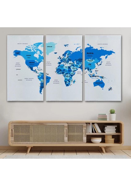Türkçe Dünya Haritası Dekoratif Kanvas Tablo Ülke ve Başkentli 1500 modelleri