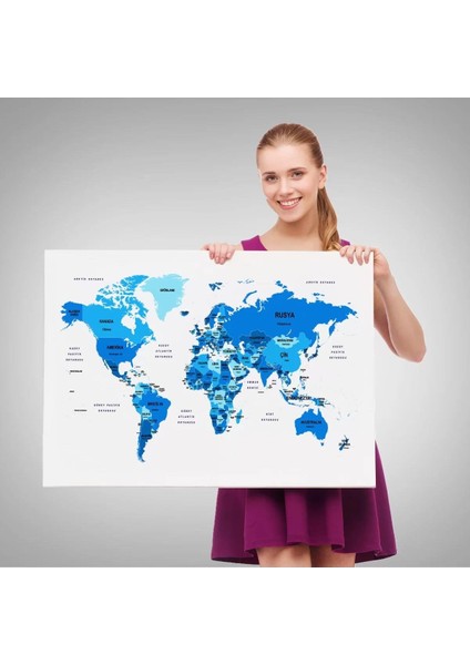 Türkçe Dünya Haritası Dekoratif Kanvas Tablo Ülke ve Başkentli 1500 fırsatları