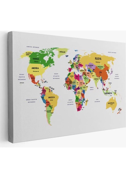Türkçe Dünya Haritası Dekoratif Kanvas Tablo Ülke ve Başkentli 1512