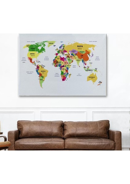 Türkçe Dünya Haritası Dekoratif Kanvas Tablo Ülke ve Başkentli 1512 fiyatları