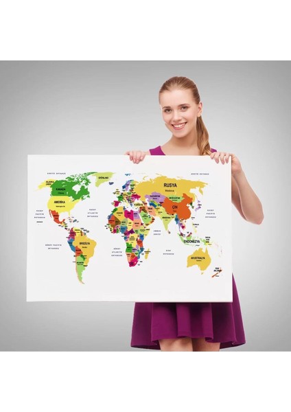 Türkçe Dünya Haritası Dekoratif Kanvas Tablo Ülke ve Başkentli 1512 fırsatları