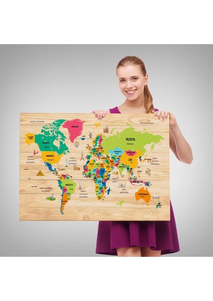 Ahşap Görünümlü Türkçe Dünya Haritası Dekoratif Kanvas Tablo 2098 fırsatları