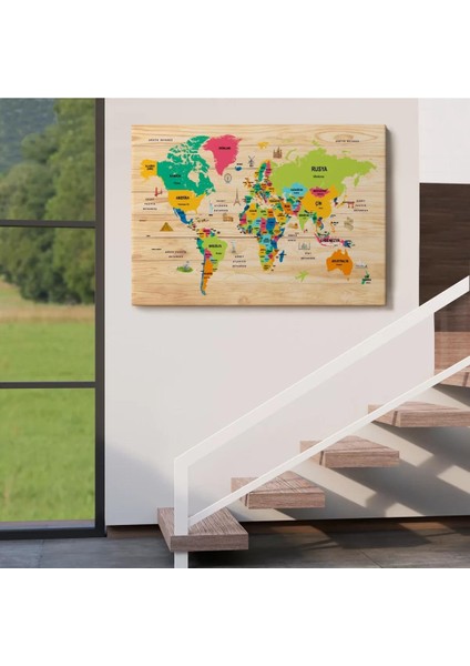 Ahşap Görünümlü Türkçe Dünya Haritası Dekoratif Kanvas Tablo 2098 indirimleri