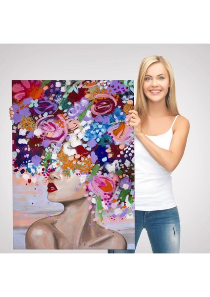 Çiçek Saçlı Kadın Yağlıboya Görünüm Dekoratif Kanvas Duvar TABLOSU -6413 modelleri