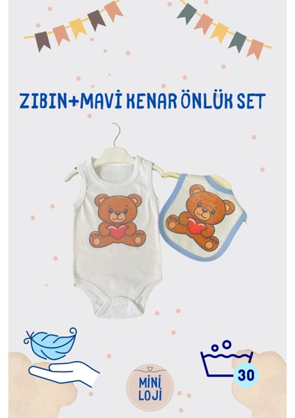 Ayıcık Desenli Bebek Zıbın ve Önlük Seti - Mavi Kenarlı & Pamuklu/paraşüt Kumaş (0-36 Ay)