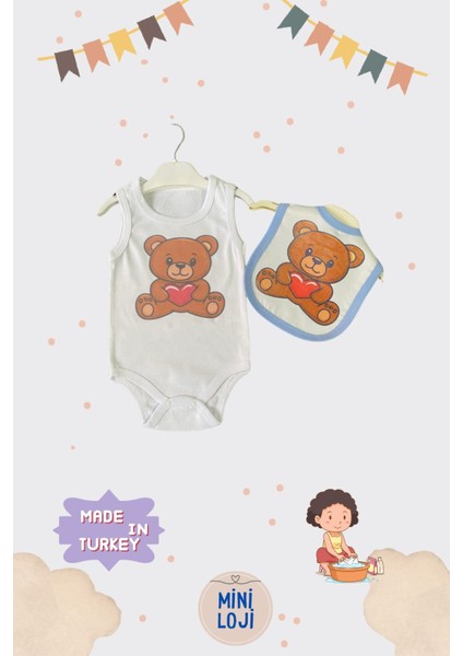 Ayıcık Desenli Bebek Zıbın ve Önlük Seti - Mavi Kenarlı & Pamuklu/paraşüt Kumaş (0-36 Ay)