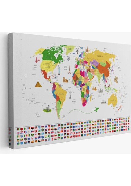 Dünya Haritası Ülke Bayraklı ve Başkentli Kanvas Tablo 1919