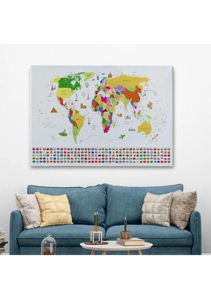 Dünya Haritası Ülke Bayraklı ve Başkentli Kanvas Tablo 1919 fiyatları