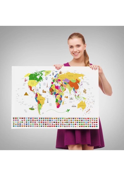 Dünya Haritası Ülke Bayraklı ve Başkentli Kanvas Tablo 1919 fırsatları