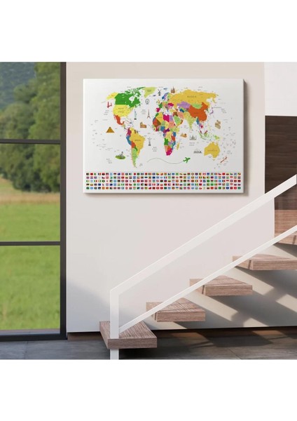 Dünya Haritası Ülke Bayraklı ve Başkentli Kanvas Tablo 1919 indirimleri