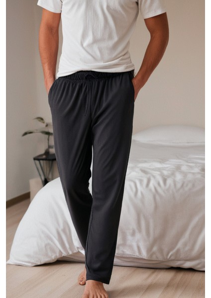 %100 Pamuk Premium Kumaş Erkek Pijama Altı Antrasit Relax Fit Beli Ipli Cepli Lastikli Terletmez Esnek Rahat Kesim Nefes Alan Regular