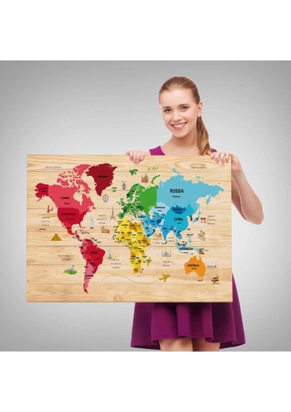 Ahşap Görünümlü Dünya Haritası Dekoratif Kanvas Tablo 2107 fırsatları