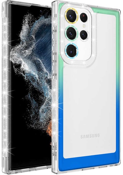 Galaxy S22 Ultra Kılıf Simli ve Renk Geçiş Tasarımlı Lens Korumalı Hzrv Park Kapak-Yeşil-Mavi