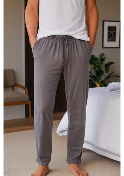 %100 Pamuk Premium Kumaş Erkek Pijama Altı Gri Relax Fit Beli Ipli Cepli Lastikli Terletmez Esnek Rahat Kesim Nefes Alan Regular