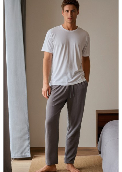 %100 Pamuk Premium Kumaş Erkek Pijama Altı Gri Relax Fit Beli Ipli Cepli Lastikli Terletmez Esnek Rahat Kesim Nefes Alan Regular modelleri