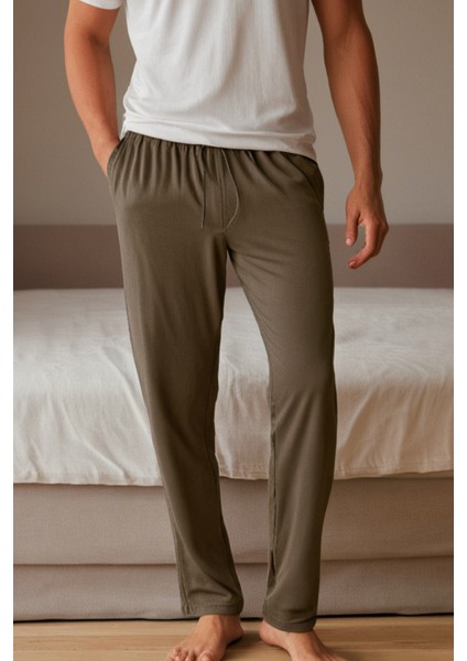 %100 Pamuk Premium Kumaş Erkek Pijama Altı Haki Relax Fit Beli Ipli Cepli Lastikli Terletmez Esnek Rahat Kesim Nefes Alan Regular