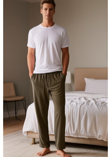 %100 Pamuk Premium Kumaş Erkek Pijama Altı Haki Relax Fit Beli Ipli Cepli Lastikli Terletmez Esnek Rahat Kesim Nefes Alan Regular