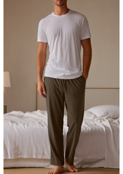 %100 Pamuk Premium Kumaş Erkek Pijama Altı Haki Relax Fit Beli Ipli Cepli Lastikli Terletmez Esnek Rahat Kesim Nefes Alan Regular