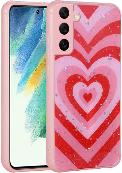 Galaxy S21 Fe Kılıf Simli Desenli Kamera Korumalı Parlak Hzrv Popy Kapak-Kalp