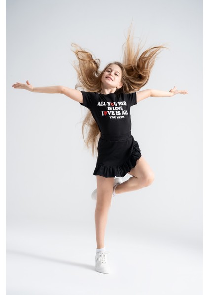 Kız Çocuk Siyah Yazlık Tişört %100 Pamuk, Nefes Alan & Rahat Kalıp