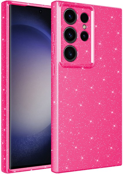 Galaxy S23 Ultra Kılıf Kamera Korumalı Simli Lüks Hzrv Koton Kapak-Pembe Koyu