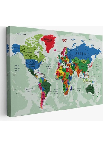 Dünya Haritası Son Derece Ayrıntılı Eğitici Okyanuslu Dekoratif Kanvas Tablo 2553