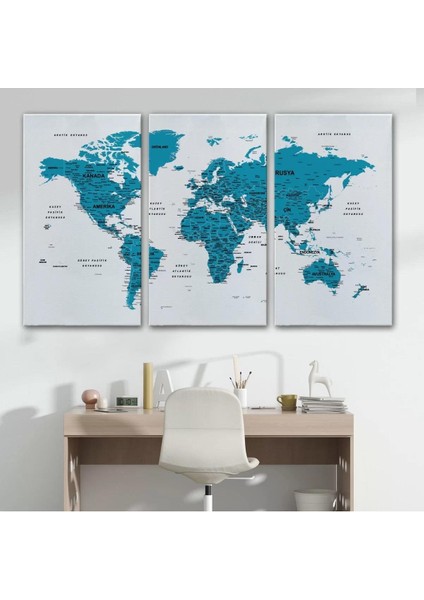 Türkçe Dünya Haritası Dekoratif Kanvas Tablo Son Derece Detaylı 1609 modelleri